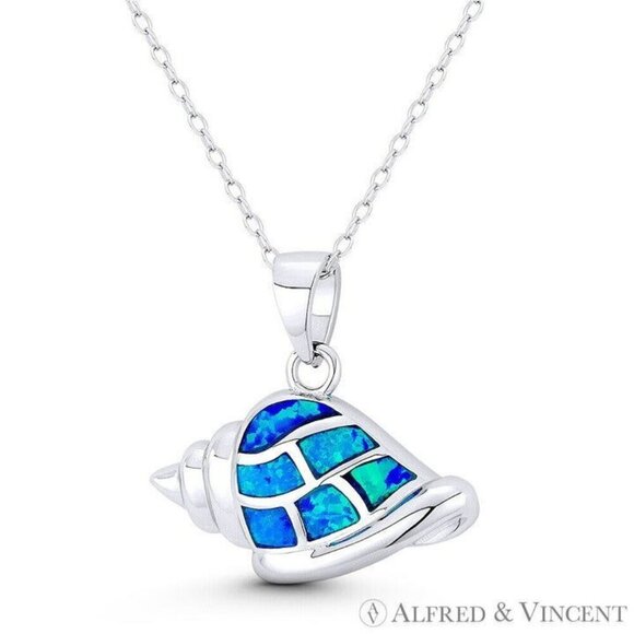Conch Seashell Horn Shell Trumpet Lab-Created Opal .925 Sterling Silver Pendant - Picture 1 of 1